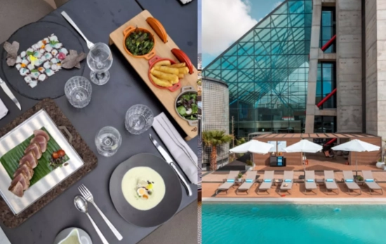 Platos en una mesa y la terraza con la piscina / HYATT