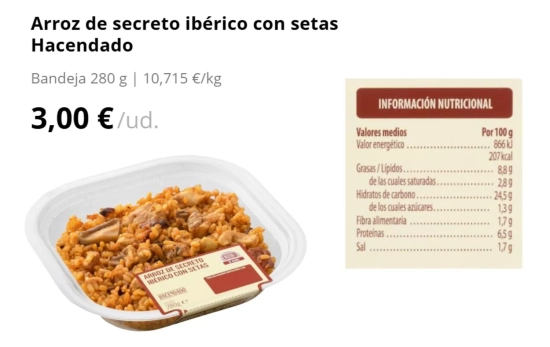Arroz de secreto ibérico con setas Hacendado/ MERCADONA Arroz de secreto ibérico con setas Hacendado/ MERCADONA