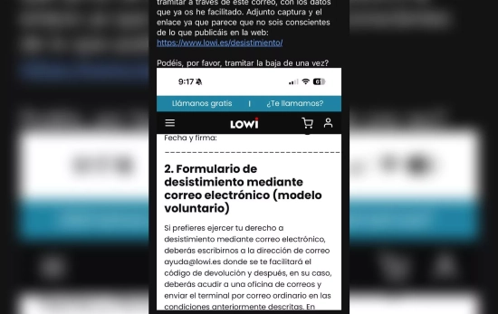 La captura que muestra cómo darse de baja en Lowi mediante el correo electrónico CEDIDA La captura que muestra cómo darse de baja en Lowi mediante el correo electrónico CEDIDA