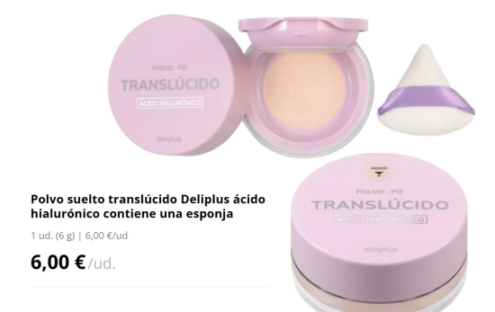 Polvo suelto translúcido Deliplus ácido hialurónico contiene una esponja/ MERCADONA Polvo suelto translúcido Deliplus ácido hialurónico contiene una esponja/ MERCADONA