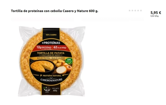 Tortilla de proteínas con cebolla Casero y Nature 600 g/ CARREFOUR Tortilla de proteínas con cebolla Casero y Nature 600 g/ CARREFOUR