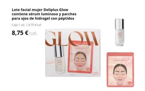 Lote facial mujer Deliplus Glow contiene sérum luminoso y parches para ojos de hidrogel con péptidos/ MERCADONA