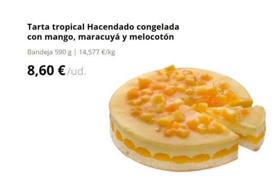Tarta tropical Hacendado congelada con mango, maracuyá y melocotón/ MERCADONA