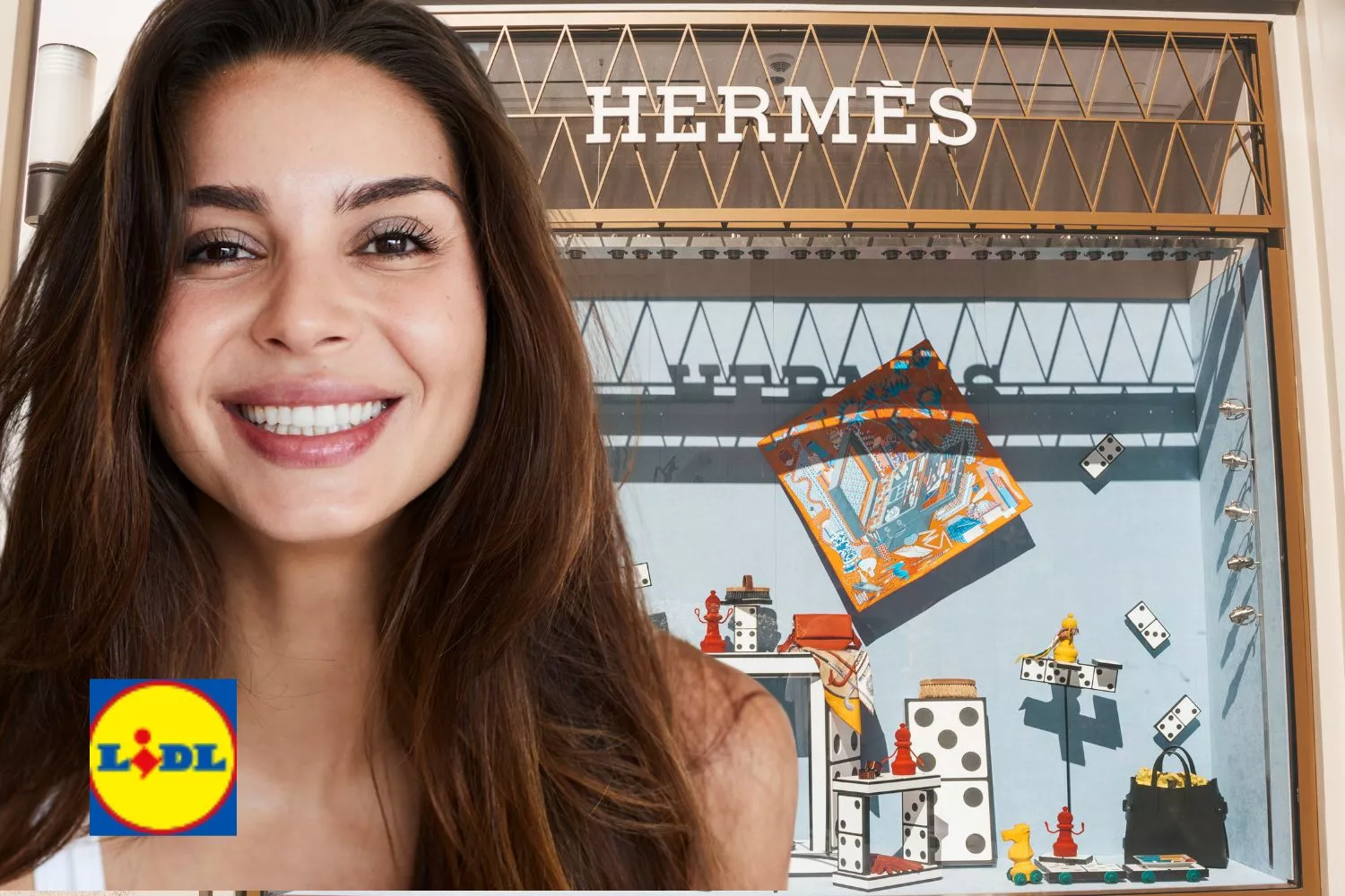El logo de Lidl, una consumidora y una tienda Hermès con sandalias / Fotomontaje CONSUMIDOR GLOBAL