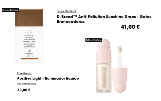 Iluminador líquido Rare Beauty y gotas bronceadoras Drunk Elephant/ SEPHORA Iluminador líquido Rare Beauty y gotas bronceadoras Drunk Elephant/ SEPHORA