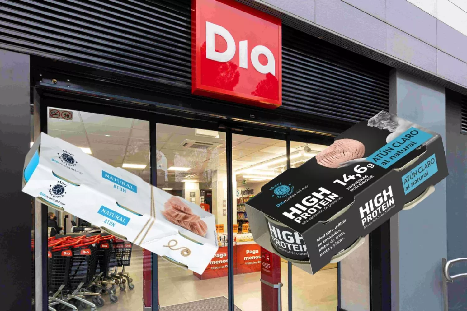 Un supermercado Dia con latas de atún delante