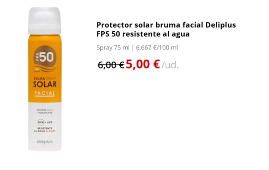 Protector solar bruma facial Deliplus FPS 50 resistente al agua/ MERCADONA Protector solar bruma facial Deliplus FPS 50 resistente al agua/ MERCADONA