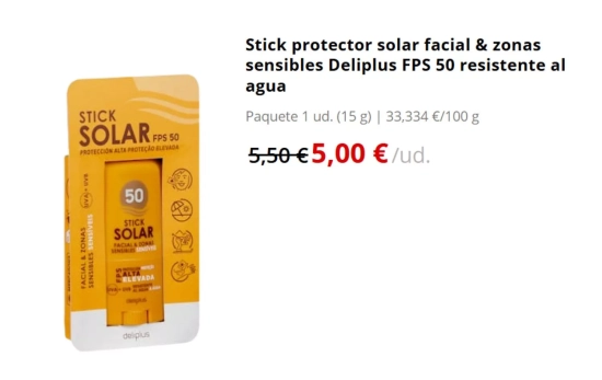 Stick protector solar facial & zonas sensibles Deliplus FPS 50 / MERCADONA Stick protector solar facial & zonas sensibles Deliplus FPS 50 / MERCADONA