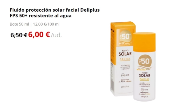 Fluido protección solar facial Deliplus FPS 50+ resistente al agua/ MERCADONA Fluido protección solar facial Deliplus FPS 50+ resistente al agua/ MERCADONA
