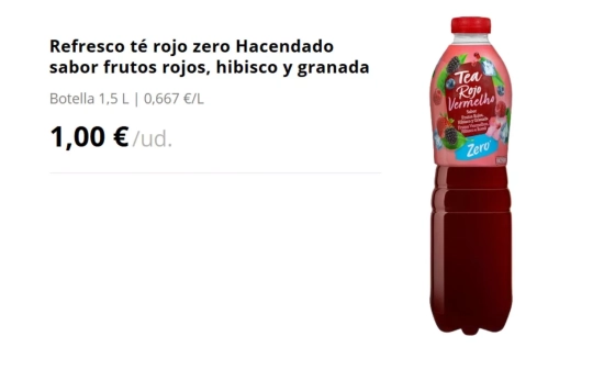 Refresco té rojo zero Hacendado sabor frutos rojos, hibisco y granada/ MERCADONA Refresco té rojo zero Hacendado sabor frutos rojos, hibisco y granada/ MERCADONA