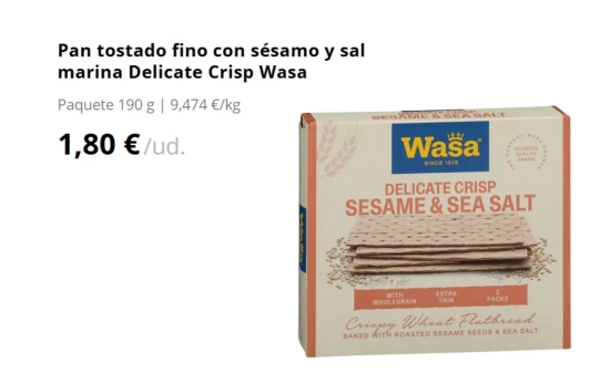 Pan tostado fino con sésamo y sal marina Delicate Crisp Wasa/ MERCADONA Pan tostado fino con sésamo y sal marina Delicate Crisp Wasa/ MERCADONA