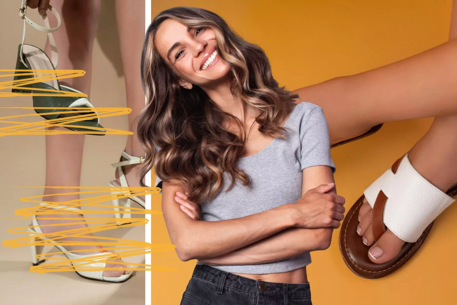 Unos tacones tachados y una mujer con sandalias planas / Fotomontaje CONSUMIDOR GLOBAL