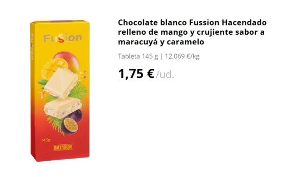 Chocolate blanco Fussion Hacendado relleno de mango y crujiente sabor a maracuyá y caramelo/ MERCADONA
