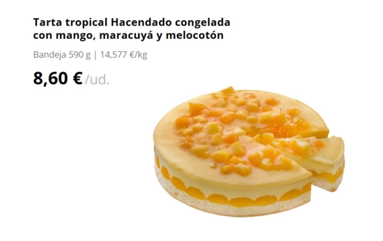 Tarta tropical Hacendado congelada con mango, maracuyá y melocotón/ MERCADONA