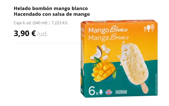 Helado bombón mango blanco Hacendado con salsa de mango/ MERCADONA