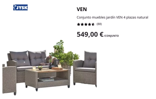 Conjunto muebles jardín VEN 4 plazas natural/ JYSK