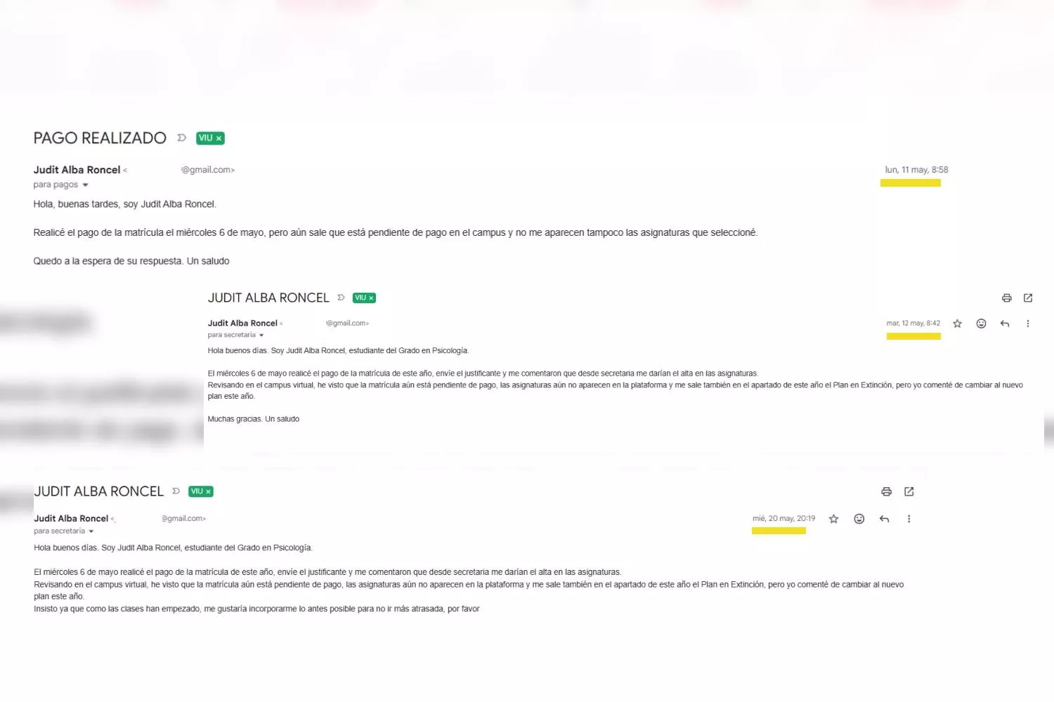 Varios de los correos enviados por parte de la estudiante a distintos departamentos de la VIU / Fotomontaje CG 