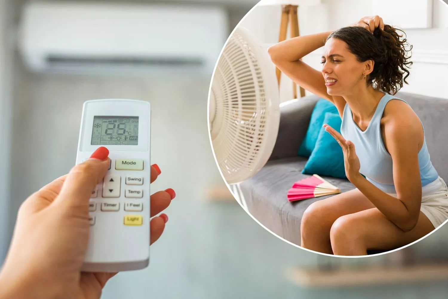 Una persona que usa el aire acondicionado y otra el ventilador en verano / Fotomontaje Consumidor Global