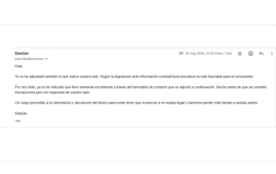 Correo enviado por el afectado a la organización / CEDIDA Correo enviado por el afectado a la organización / CEDIDA