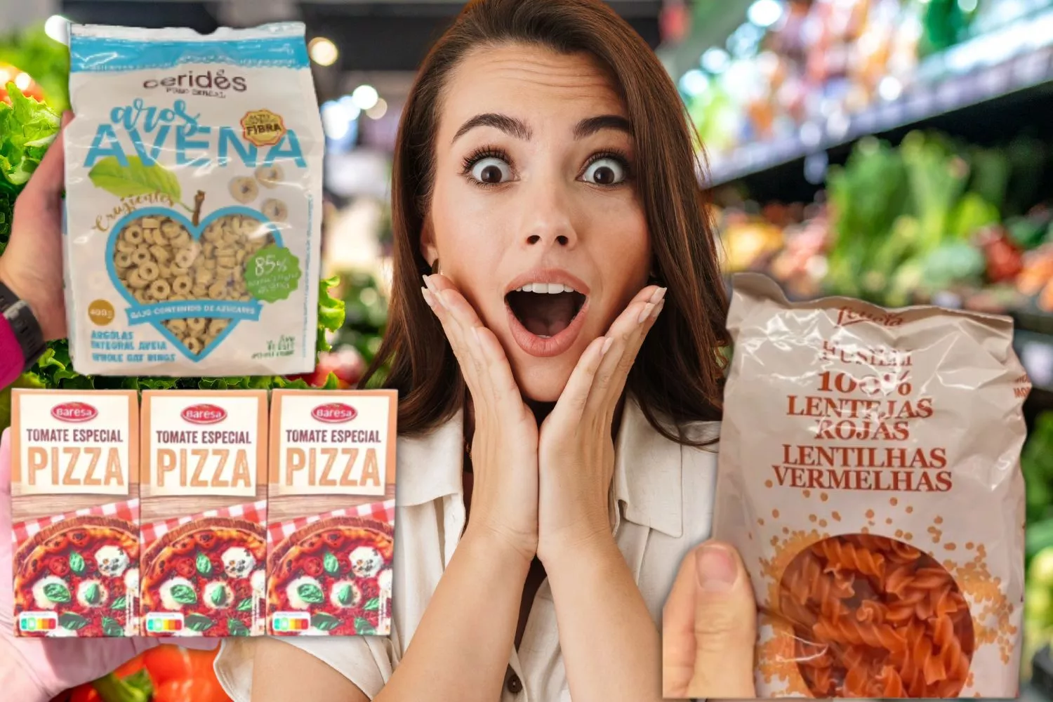 Una consumidora y alimentos saludables de supermercado / Fotomontaje CONSUMIDOR GLOBAL