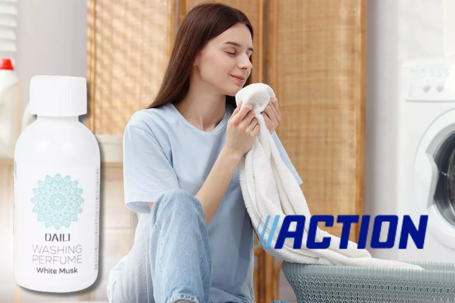 Una chica usa el perfume para la colada de Action/ Fotomontaje Consumidor Global