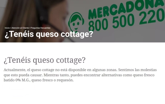 Canal de atención al cliente de Mercadona respondiendo sobre el queso cottage a sus clientes/ MERCADONA