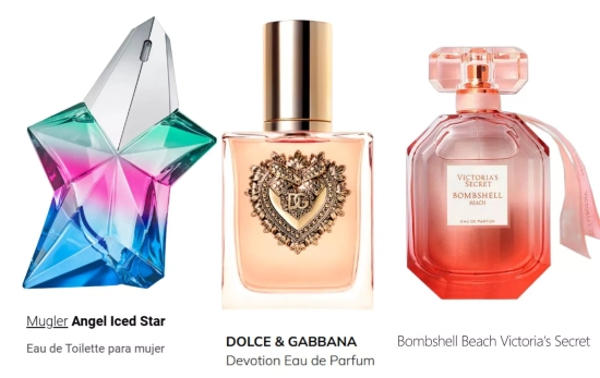 Angel Iced Star de Mugler, Bombshell Beach de Victoria’s Secret o Devotion de Dolce & Gabbana/ Fotomontaje Consumidor Global