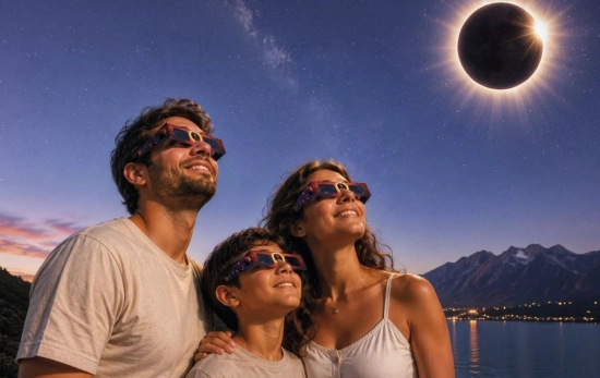 Una familia observa un eclipse solar con las gafas homologadas de Aldi