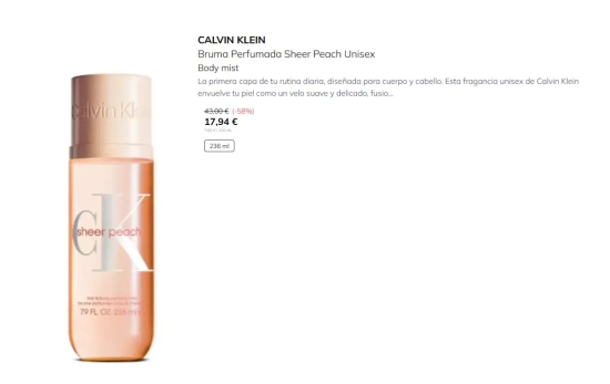 Calvin Klein Bruma Perfumada Sheer Peach Unisex Body mist/PRIMOR Calvin Klein Bruma Perfumada Sheer Peach Unisex Body mist/PRIMOR