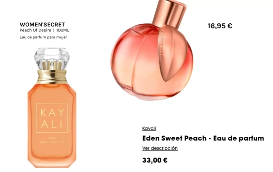 Eden Sweet Peach, el perfume de melocotón de Kayali y el Peach Of Desire de Woman's Secret/ Fotomontaje Consumidor Global Eden Sweet Peach, el perfume de melocotón de Kayali y el Peach Of Desire de Woman's Secret/ Fotomontaje Consumidor Global