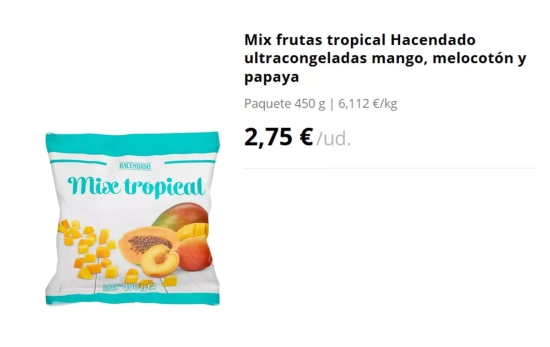 Mix frutas tropical Hacendado ultracongeladas mango, melocotón y papaya/ MERCADONA Mix frutas tropical Hacendado ultracongeladas mango, melocotón y papaya/ MERCADONA