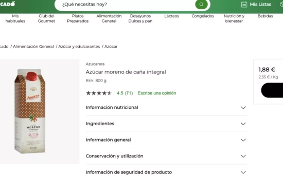Azúcar moreno de la marca Azucarera / EL CORTE INGLÉS