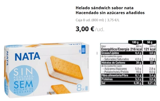Helado sándwich sabor nata Hacendado sin azúcares añadidos/ MERCADONA Helado sándwich sabor nata Hacendado sin azúcares añadidos/ MERCADONA