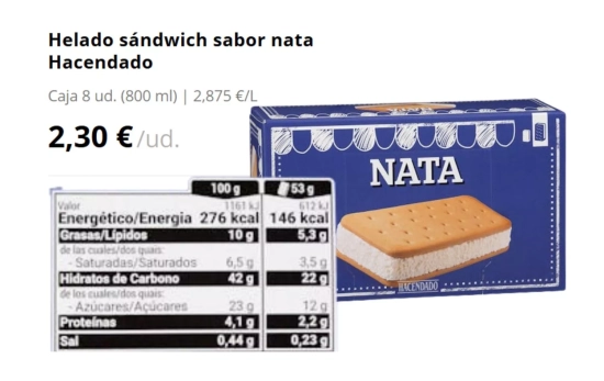 Helado sándwich sabor nata Hacendado/ MERCADONA Helado sándwich sabor nata Hacendado/ MERCADONA