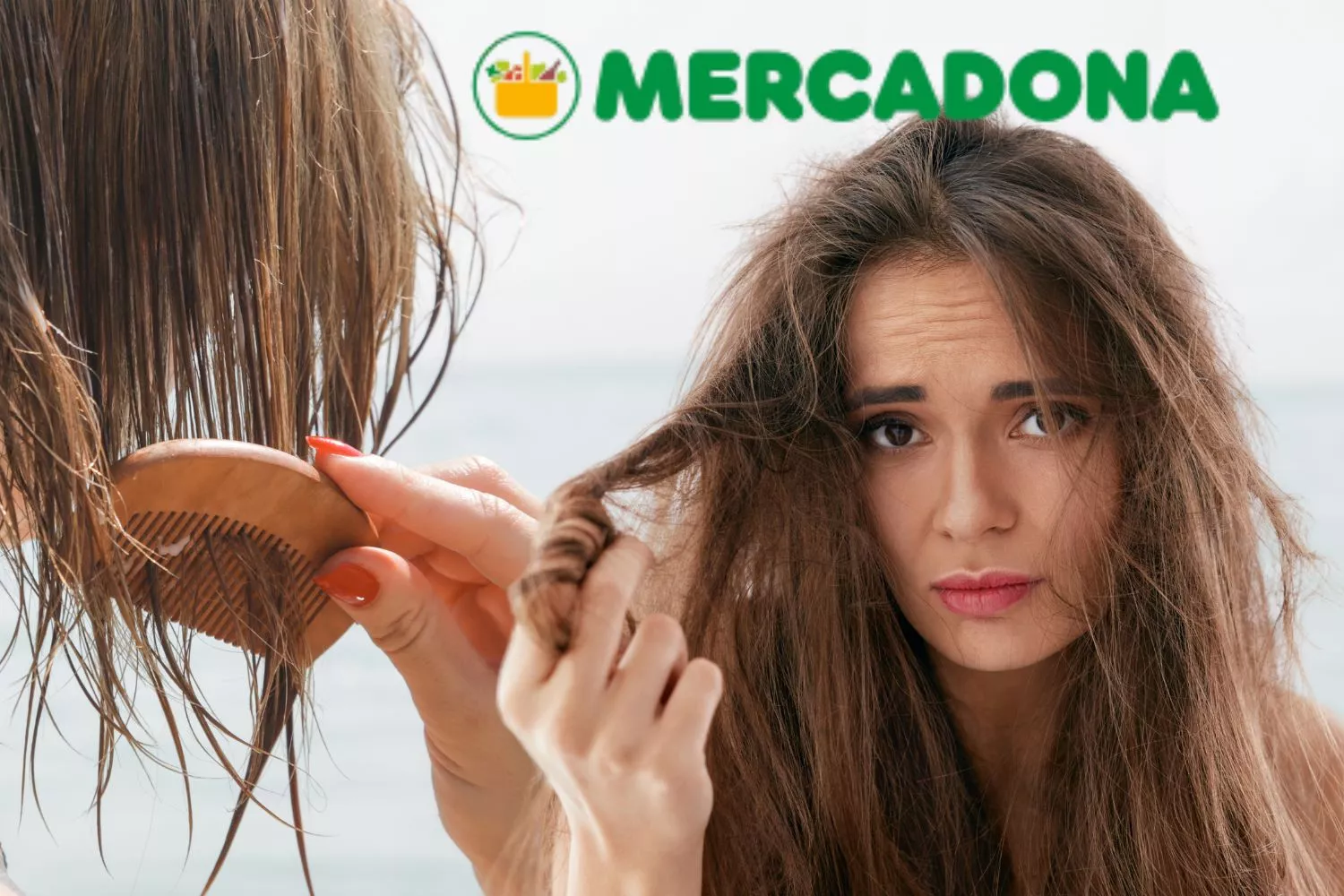 El logo de Mercadona y una mujer con el pelo seco de la playa / Fotomontaje CONSUMIDOR GLOBAL