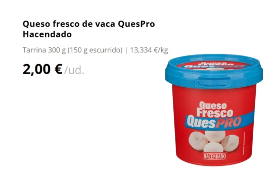 Queso fresco de vaca QuesPro Hacendado/ MERCADONA Queso fresco de vaca QuesPro Hacendado/ MERCADONA