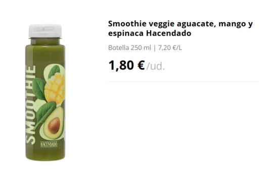 Smoothie veggie aguacate, mango y espinaca Hacendado/ MERCADONA Smoothie veggie aguacate, mango y espinaca Hacendado/ MERCADONA
