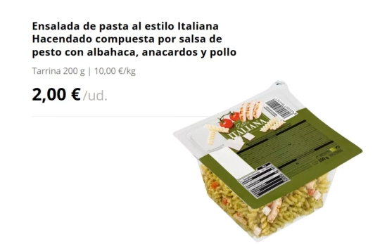 Ensalada de pasta al estilo Italiana Hacendado compuesta por salsa de pesto con albahaca, anacardos y pollo/ MERCADONA Ensalada de pasta al estilo Italiana Hacendado compuesta por salsa de pesto con albahaca, anacardos y pollo/ MERCADONA