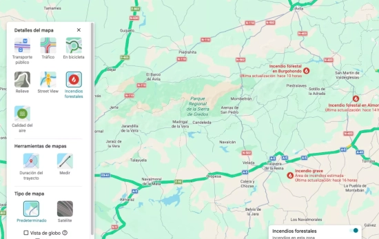 La opción de Incendios forestales en Google Maps CAPTURA La opción de Incendios forestales en Google Maps CAPTURA