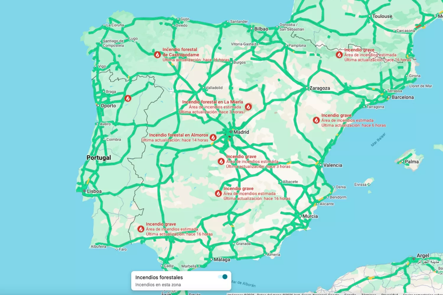 Símbolos de los incendios forestales en España en Google Maps / CAPTURA Símbolos de los incendios forestales en España en Google Maps / CAPTURA
