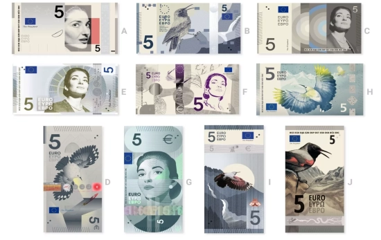 Las diez propuestas preseleccionadas de los nuevos diseños de los billetes de euros mostrados en los Las diez propuestas preseleccionadas de los nuevos diseños de los billetes de euros mostrados en los