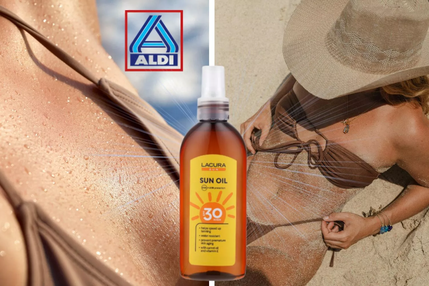 Una mujer toma el sol con el aceite para broncearse de Aldi / Fotomontaje CONSUMIDOR GLOBAL