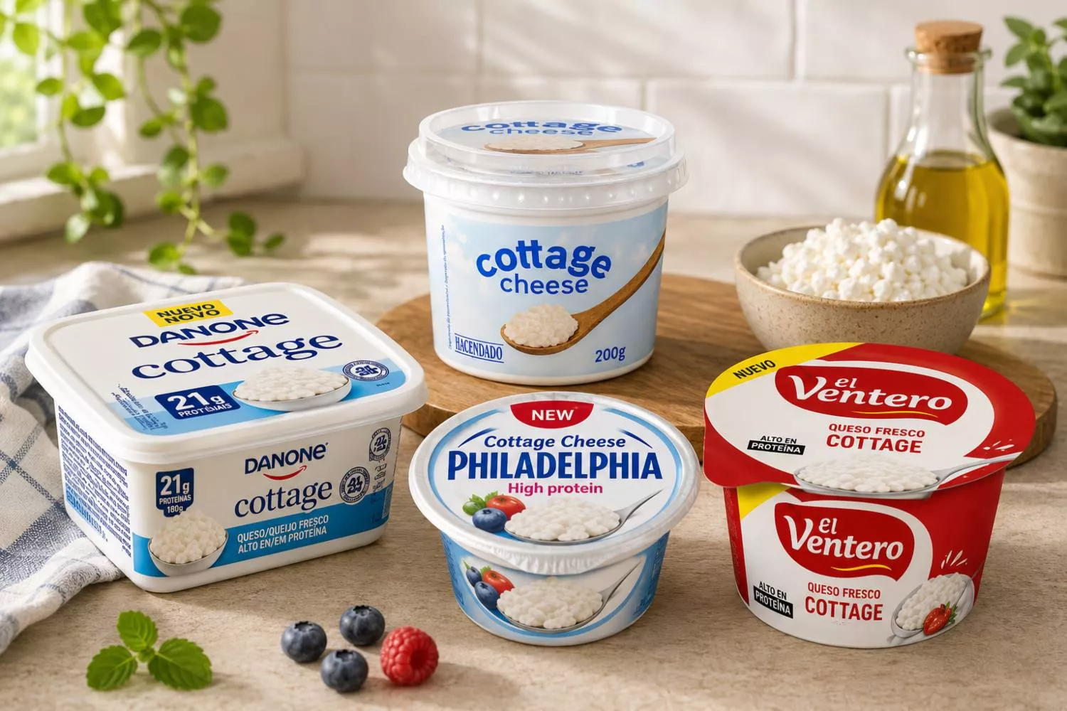 Fotomontaje elaborado con IA de diferentes quesos cottages de supermercado   CG