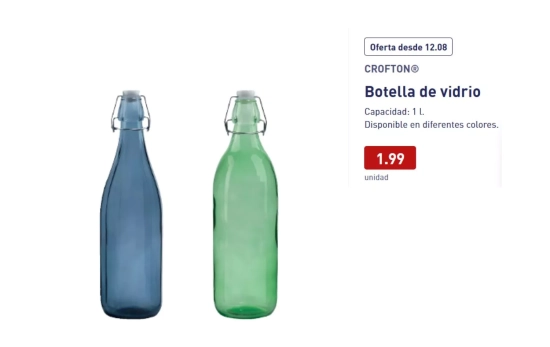Botella de vidrio Crofton de un litro/ ALDI Botella de vidrio Crofton de un litro/ ALDI