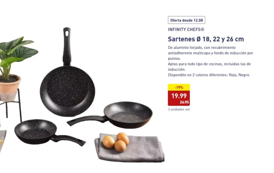 Juego de tres sartenes Infinity Chefs por 19,99 euros/ Aldi Juego de tres sartenes Infinity Chefs por 19,99 euros/ Aldi