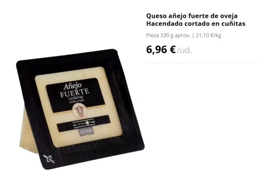 Queso añejo fuerte de oveja Hacendado cortado en cuñitas/ MERCADONA Queso añejo fuerte de oveja Hacendado cortado en cuñitas/ MERCADONA