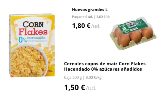 , huevos grandes L y cereales Corn Flakes Hacendado 0 % azúcares añadidos/ MERCADONA , huevos grandes L y cereales Corn Flakes Hacendado 0 % azúcares añadidos/ MERCADONA