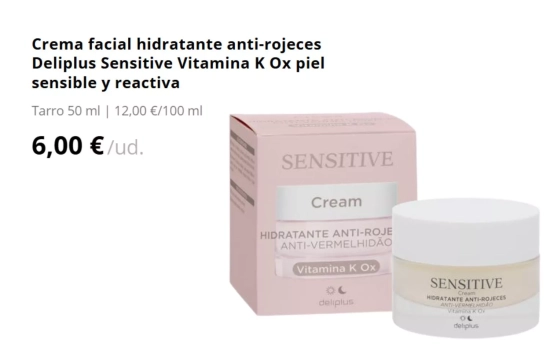 Crema facial hidratante anti-rojeces Deliplus Sensitive Vitamina K Ox piel sensible y reactiva/ MERCADONA Crema facial hidratante anti-rojeces Deliplus Sensitive Vitamina K Ox piel sensible y reactiva/ MERCADONA