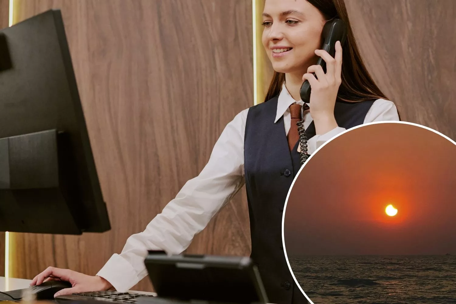  La recepcionista de un hotel y una imagen del eclipse solar total / Fotomontaje CONSUMIDOR GLOBAL