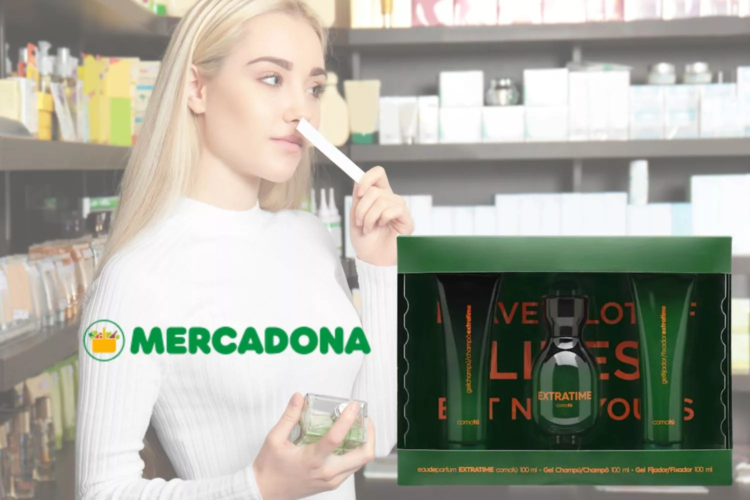 El nuevo lote de Mercadona con el perfume que imita al de Paco Rabanne y una consumidora oliendo una muestra / Fotomontaje CONSUMIDOR GLOBAL